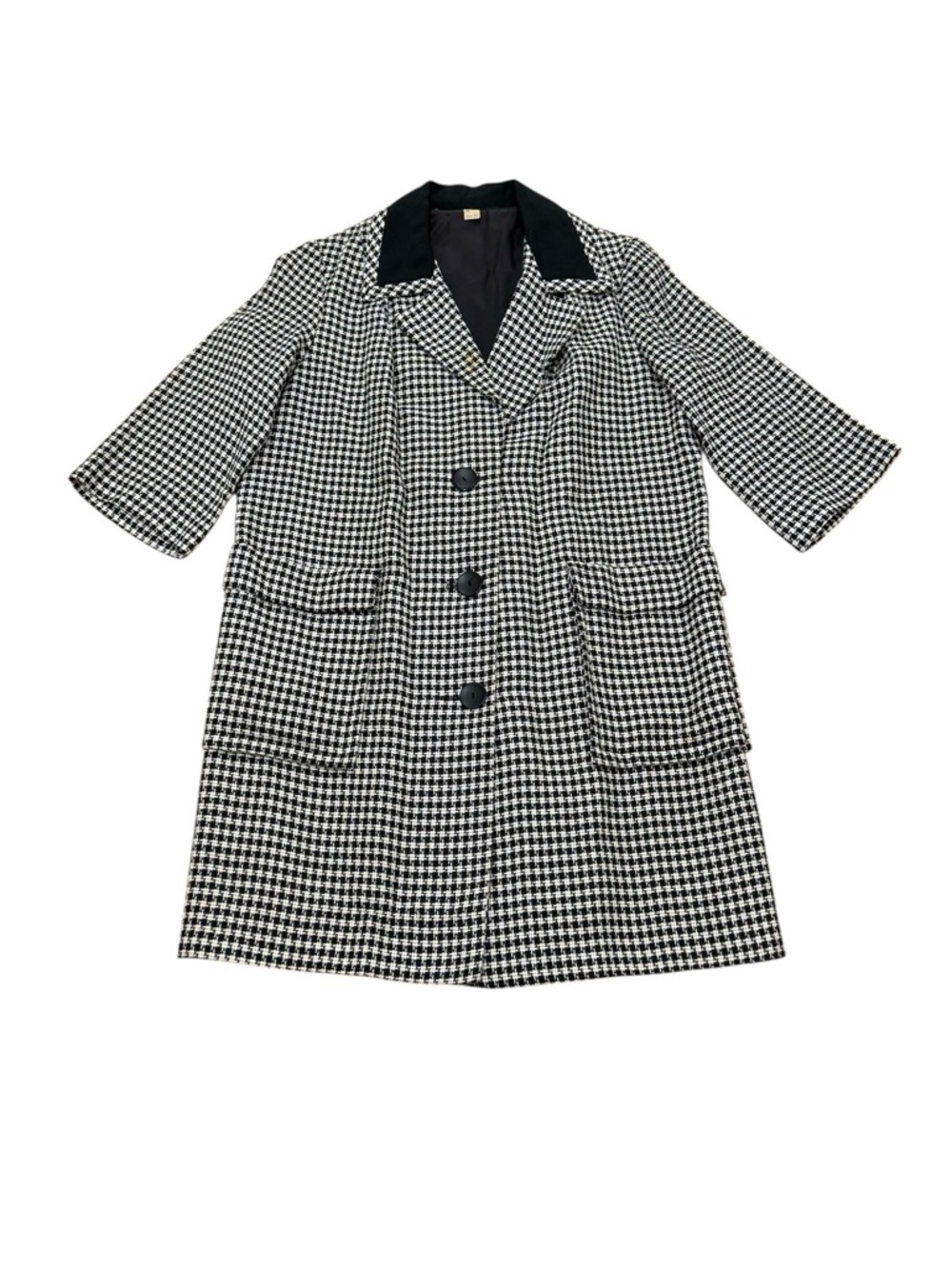 Vintage 1960s Mod Houndstooth Coat Black White 3/4 Sleeve Swing Jacket